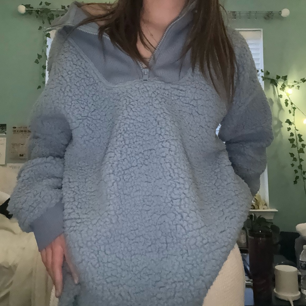 AERIE blue cozy dream sherpa ribbed long sleeve quarter zip pullover jacket